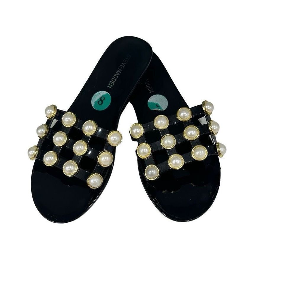 Steve Madden Size 8 Black Jelly Slide Sandals with White Pearl Accents